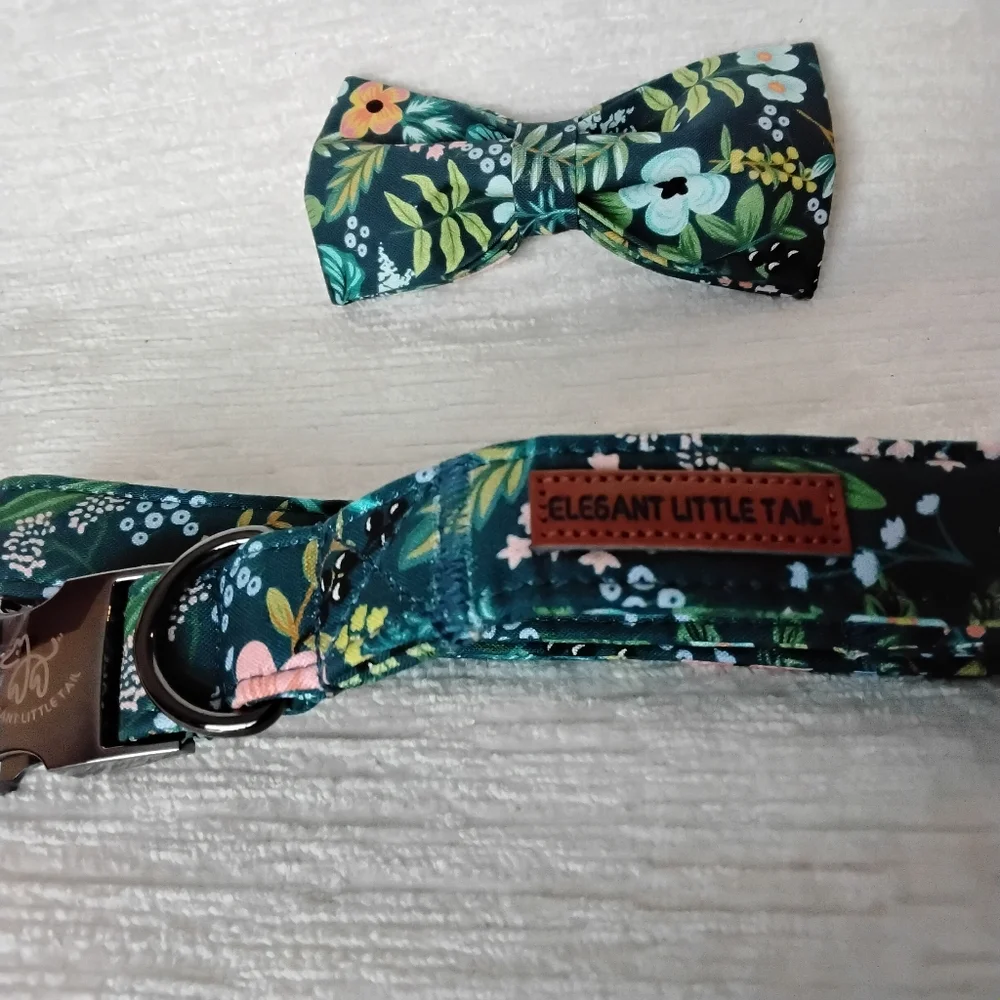 Pet Bow Tie and Collar Set Navy Spring Floral Size Medium 13.5